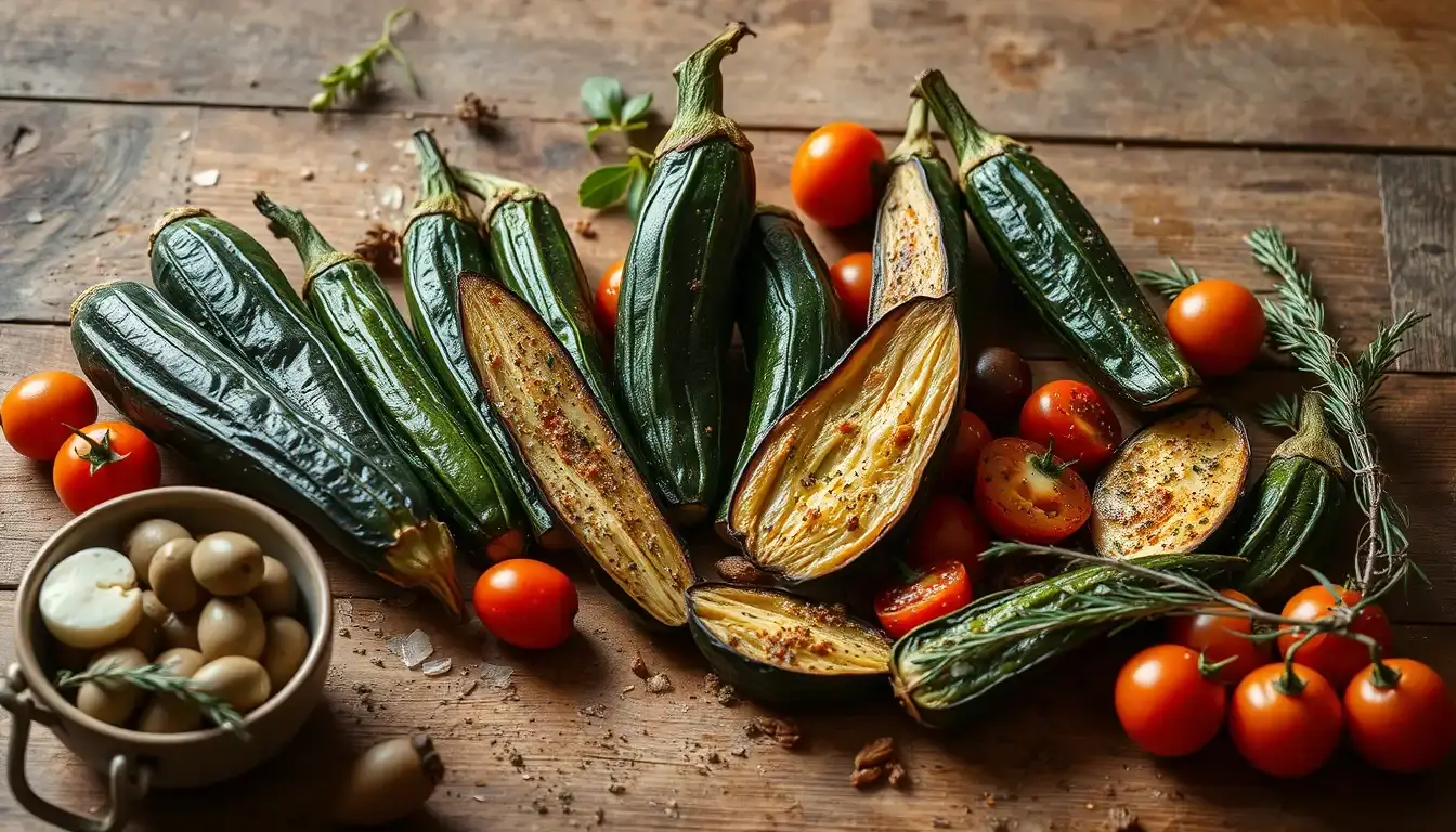 Ingrédients frais pour préparer une authentique cuisine sicilienne caponata sur un plan de travail en marbre