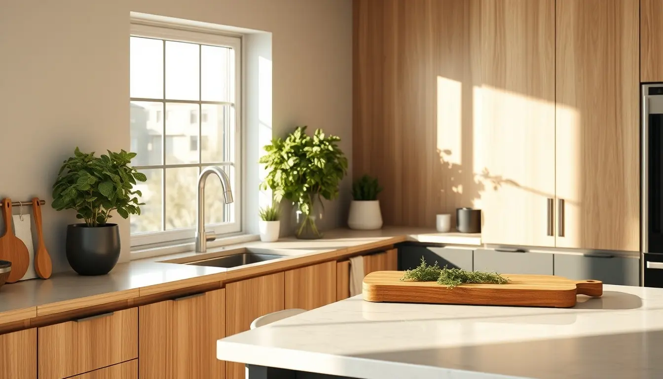 Cuisine tendance 2025 avec plan de travail en marbre, bois clair et herbes aromatiques
