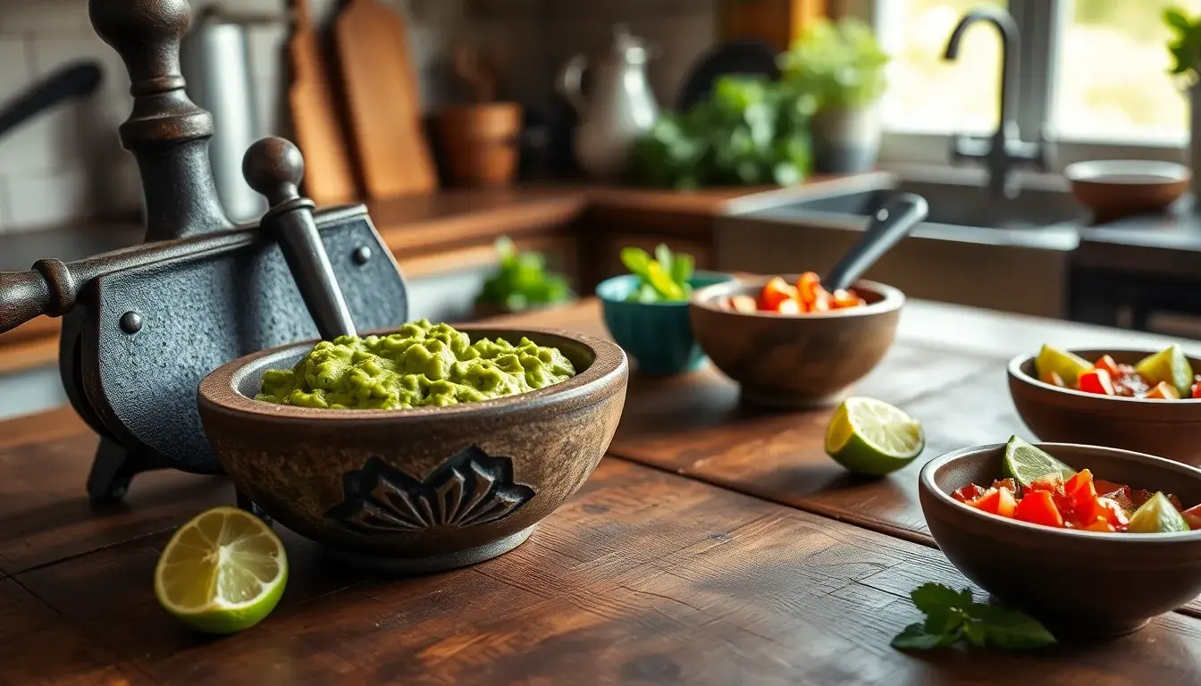 Plan de travail de cuisine avec presse à tortilla, molcajete et bols à salsa colorés