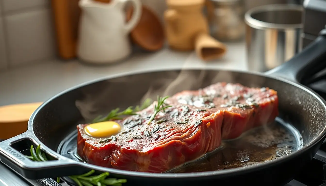 Un tournedos de bœuf épais saisissant dans une poêle en fonte avec du beurre et du romarin.