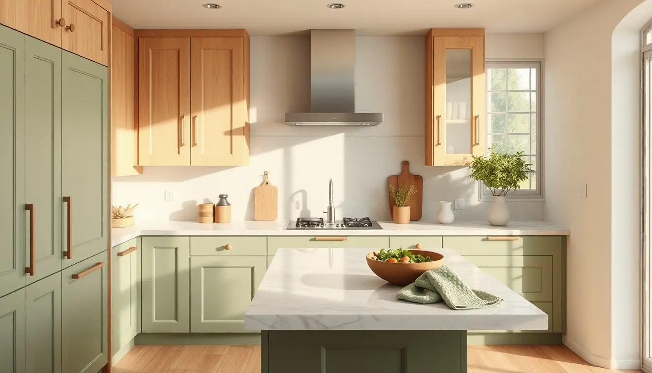 Cuisine moderne avec placards vert sauge et plan de travail en bois clair sous une lumière naturelle.