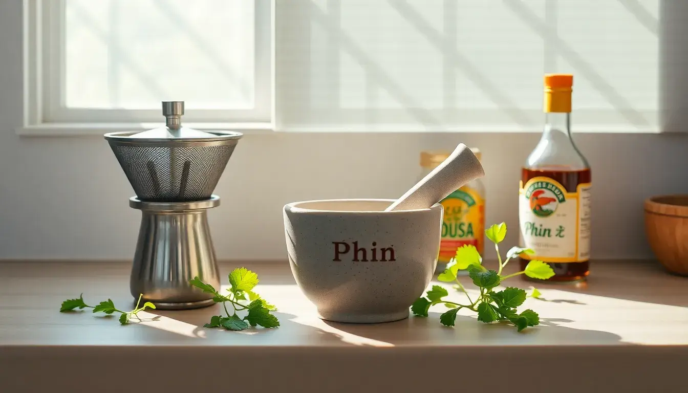 Ustensiles de cuisine vietnamienne sur un comptoir ensoleillé avec herbes fraîches et sauce poisson