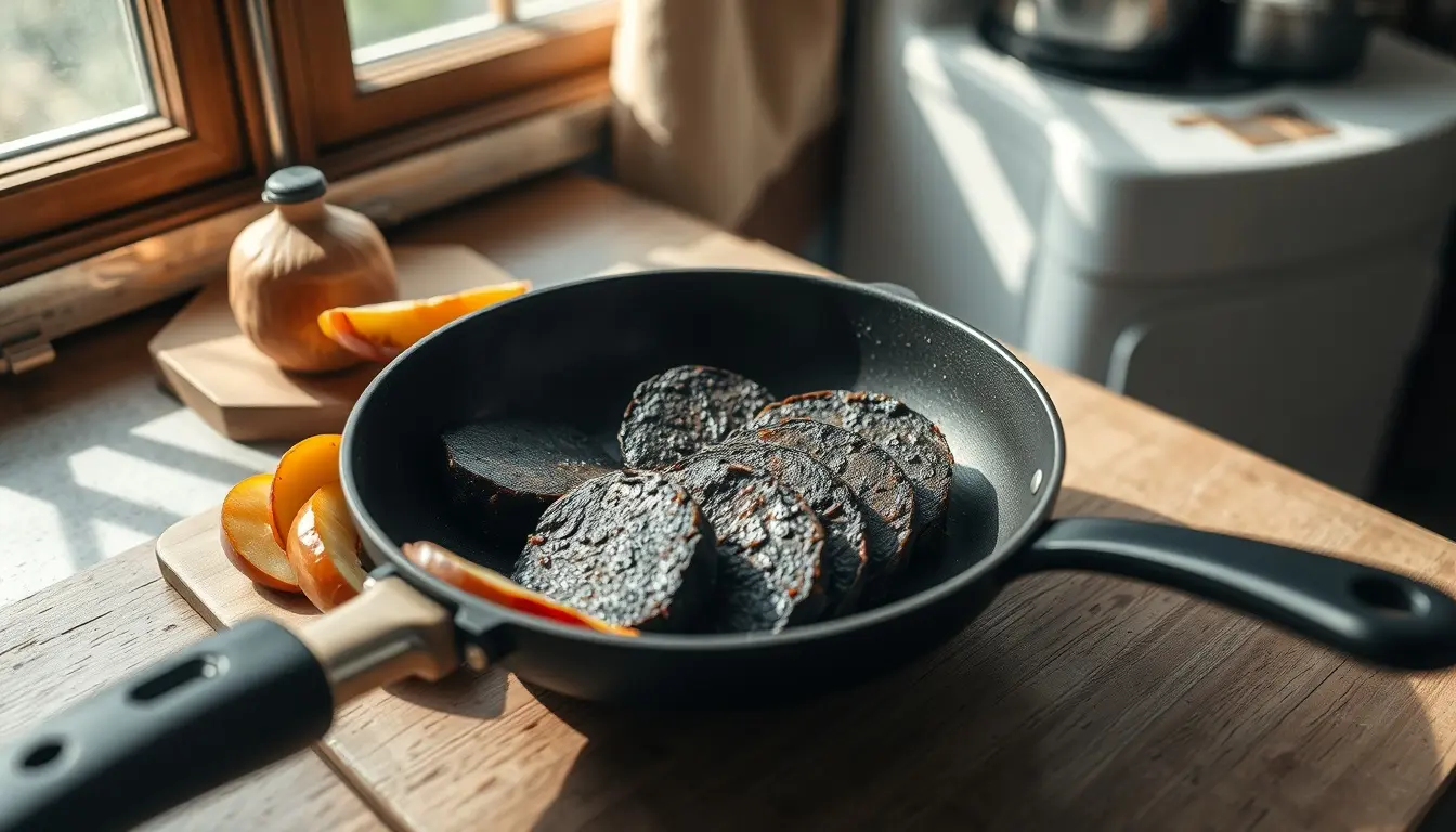 Poêle antiadhésive avec des tranches de boudin noir et des pommes caramélisées