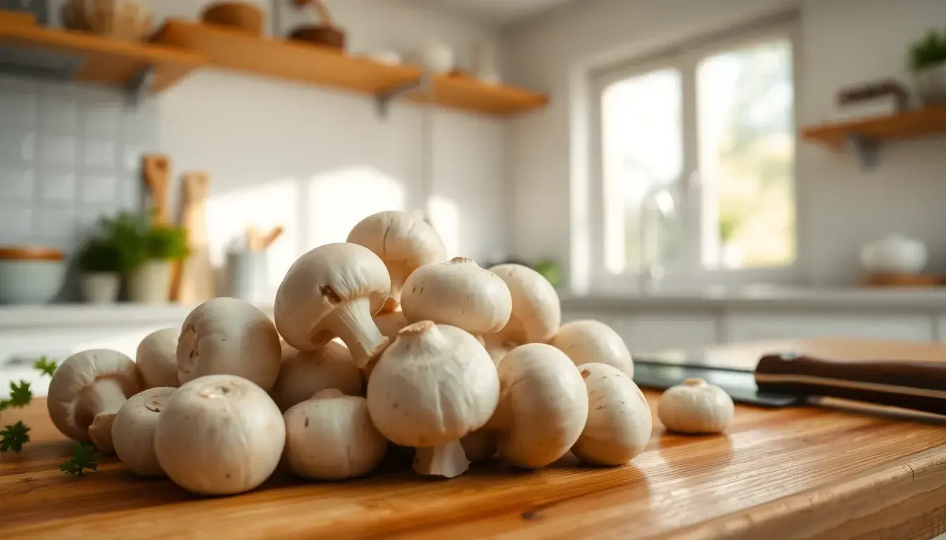 Champignons de Paris frais sur une planche à découper avec un couteau d'office