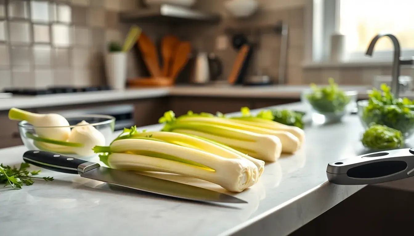 Bulbes de fenouil frais sur un plan de travail avec des ustensiles de cuisine professionnels