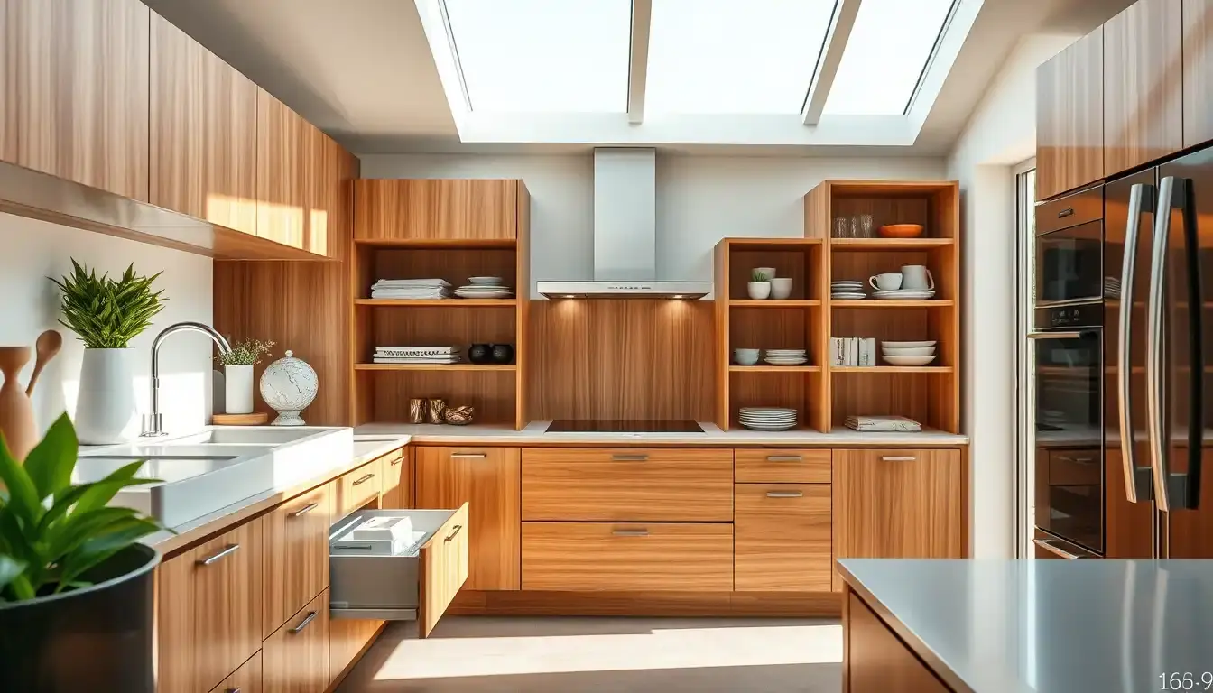 Meuble d cuisine moderne avec accessoires de rangement et tiroirs optimisés.