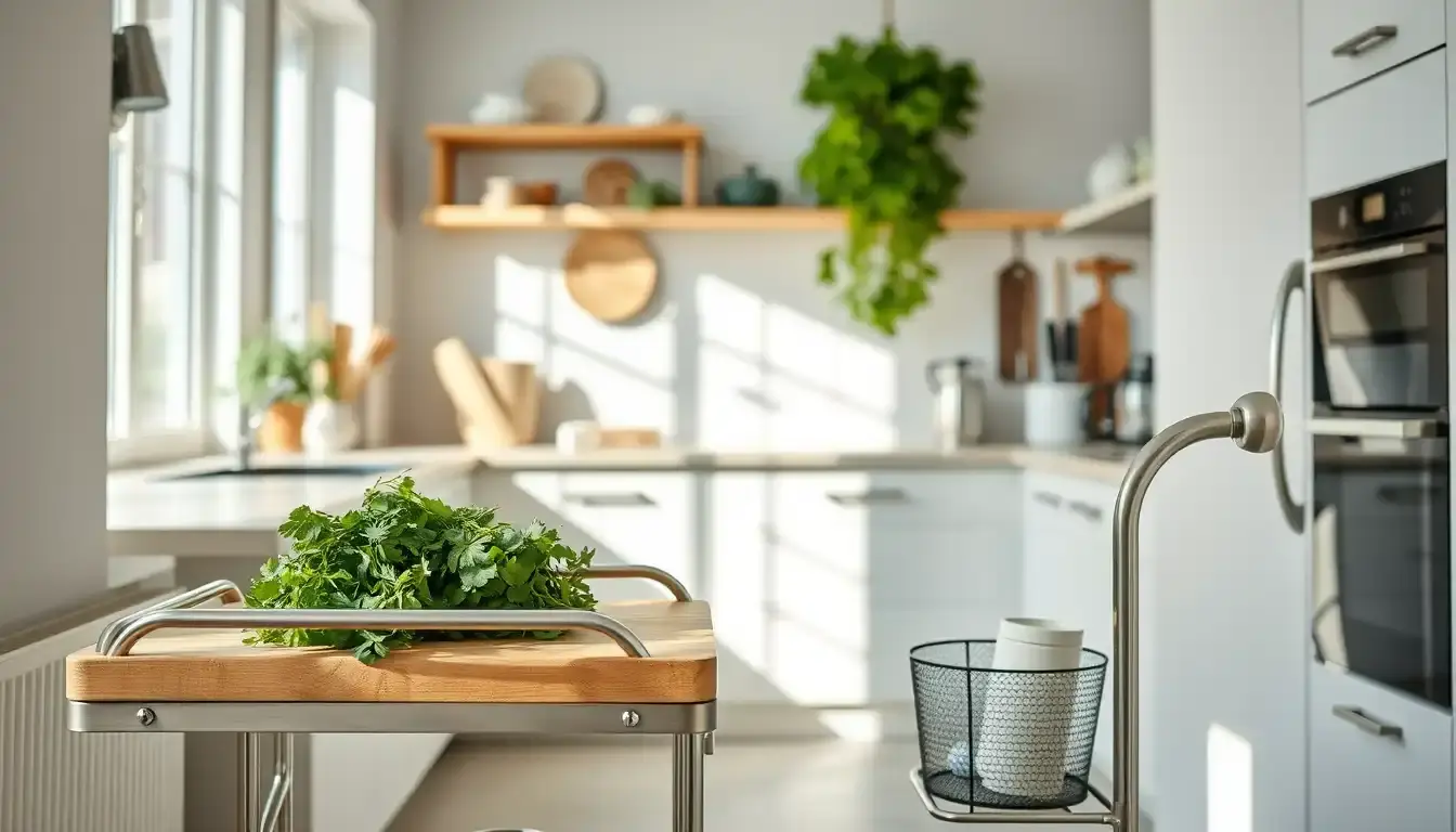 Une desserte de cuisine moderne en bois et métal dans une cuisine lumineuse