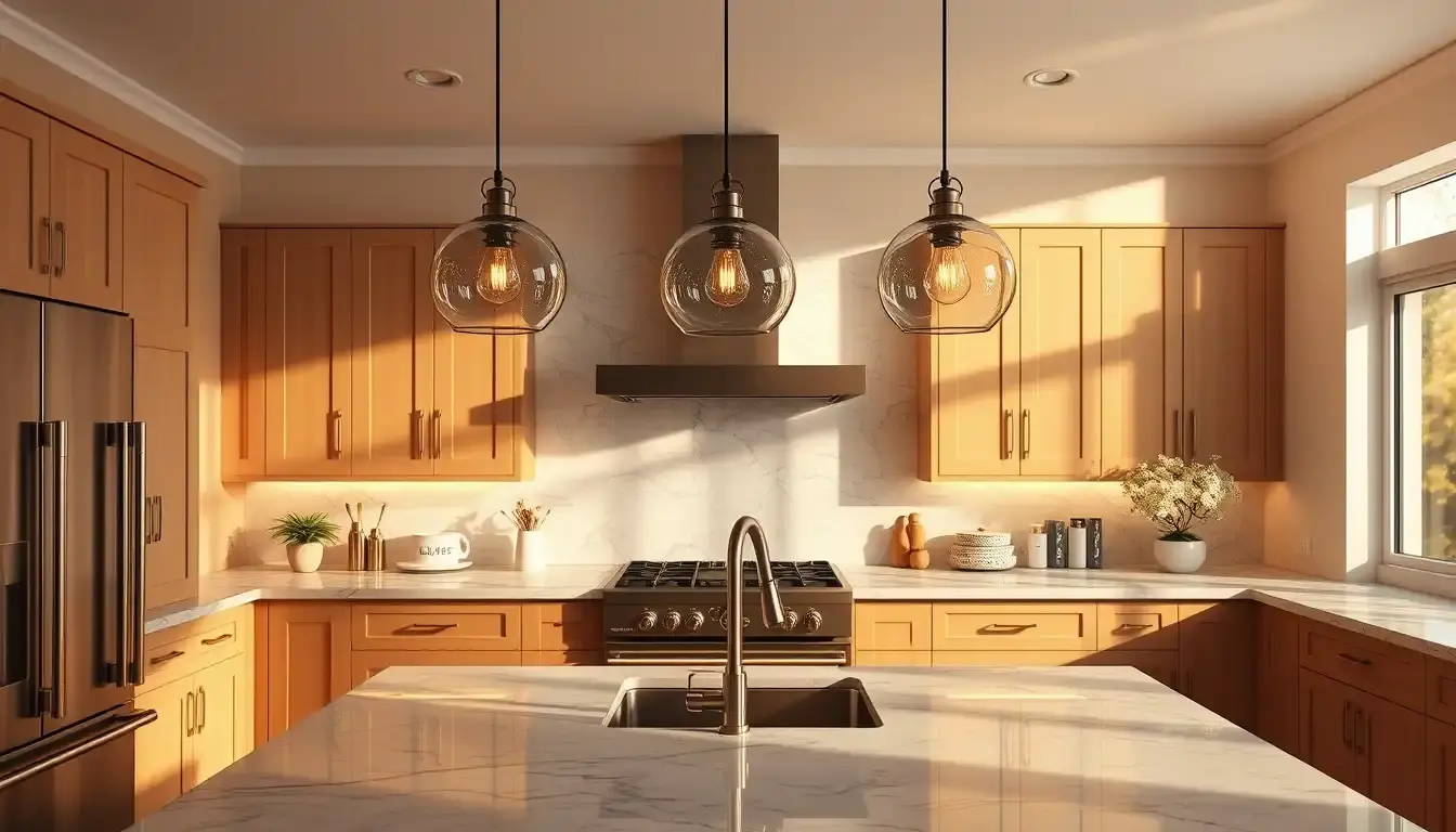 Cuisine moderne avec éclairage suspendu et lumière LED sous les meubles