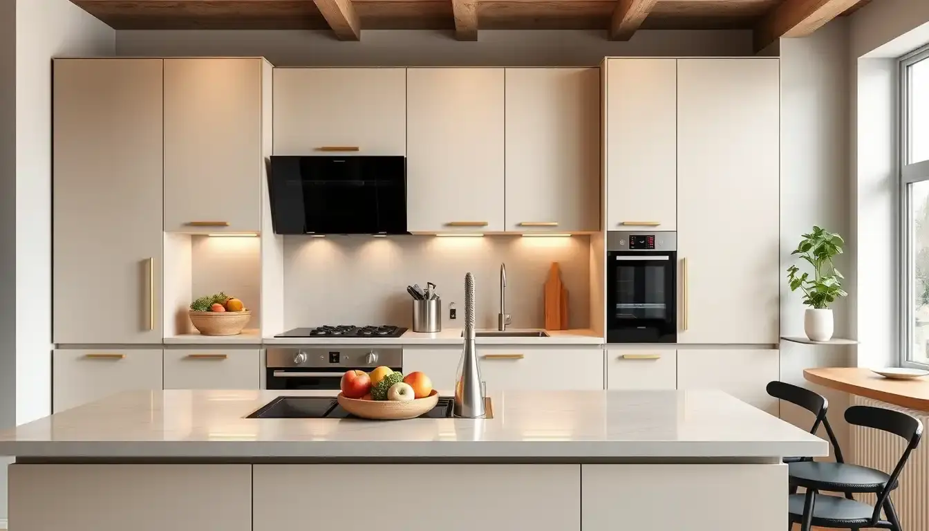 Outils de rénovation et échantillons de façade pour cuisine sur un comptoir ensoleillé
