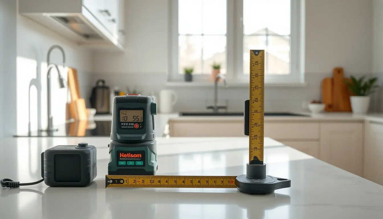 Outils de mesure professionnels posés sur un plan de travail en marbre dans une cuisine moderne.