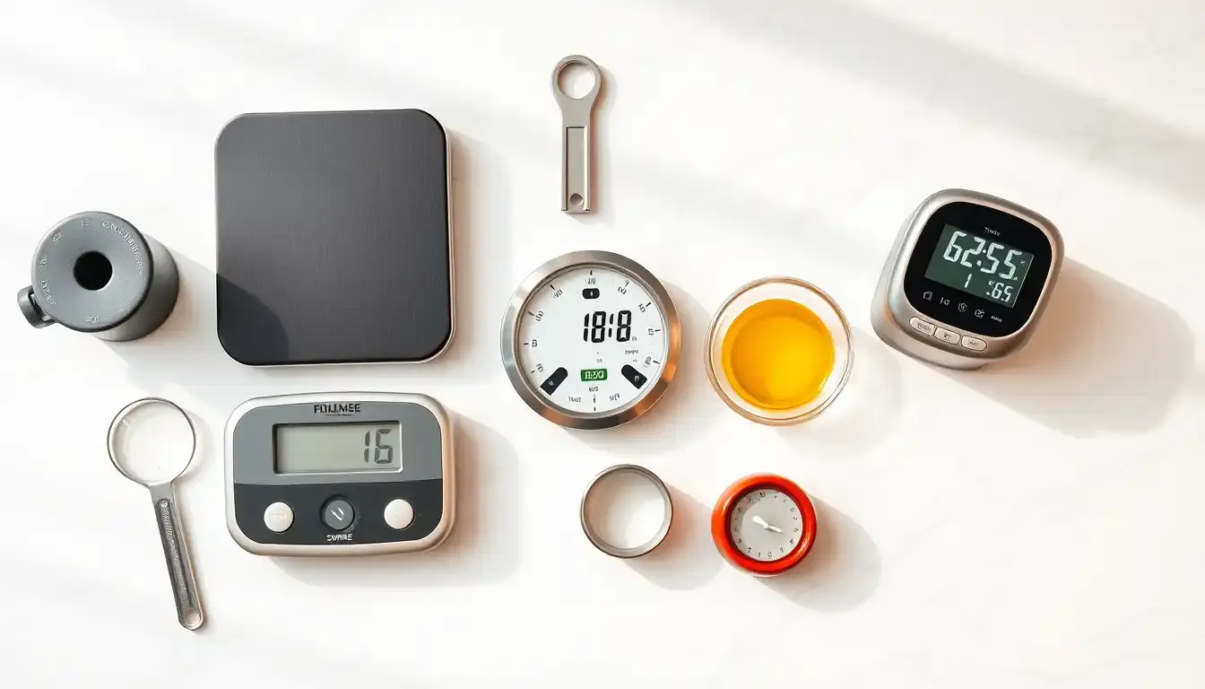 Divers instruments de cuisine comme une balance et un thermomètre sur un comptoir en marbre