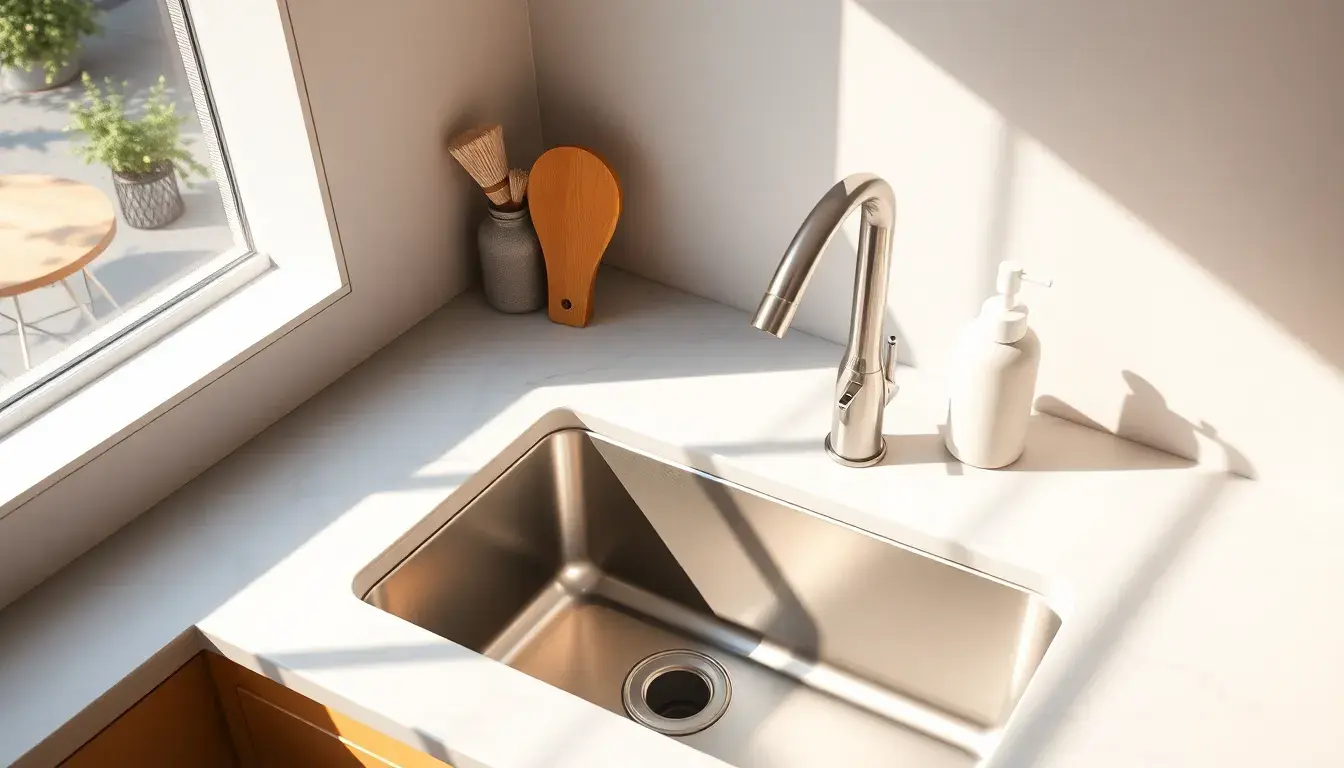 Lavabo cuisine moderne en inox avec accessoires de nettoyage organisés sur un plan de travail en marbre