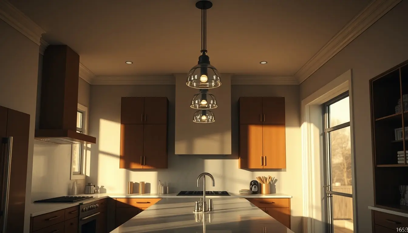 Luminaires cuisine élégants suspendus au-dessus d'un îlot central en marbre dans une cuisine moderne.
