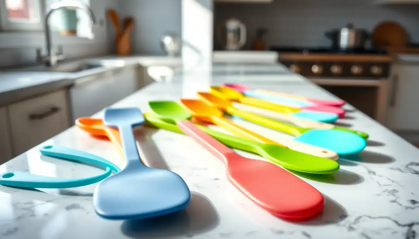 Différentes spatules maryse en silicone colorées sur un plan de travail en marbre