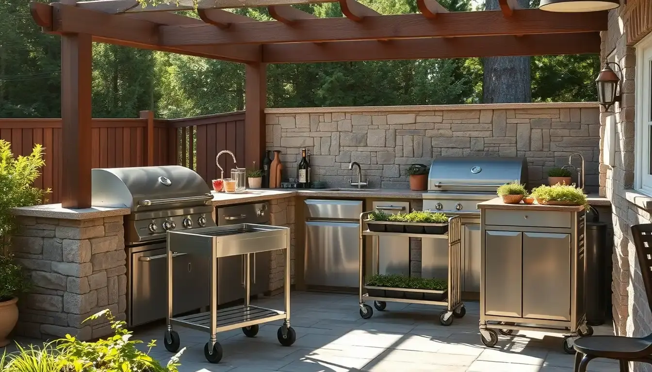 Meuble cuisine extérieur en acier inoxydable sur une terrasse ensoleillée