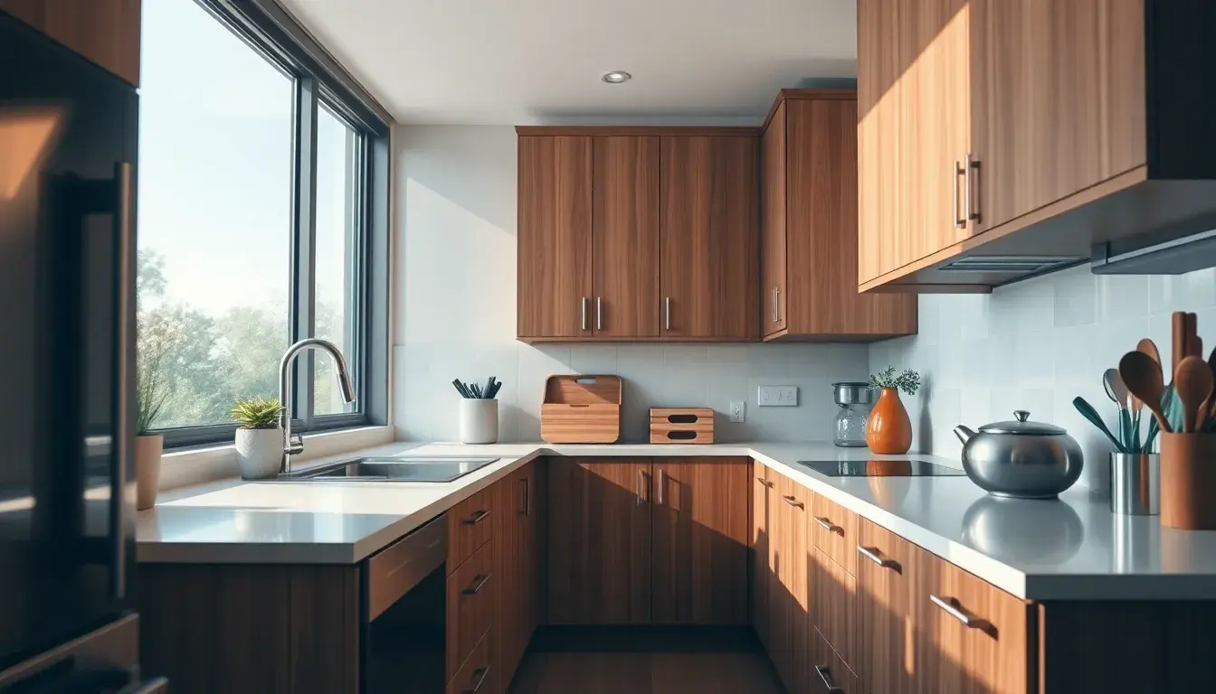 Meubles de cuisine modernes en bois avec quincaillerie élégante en acier inoxydable