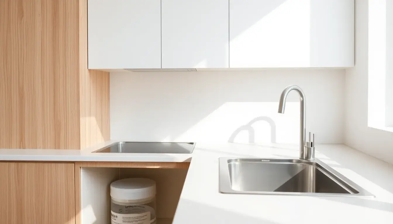 Meuble et évier cuisine moderne avec rangement optimisé et accessoires d'étanchéité