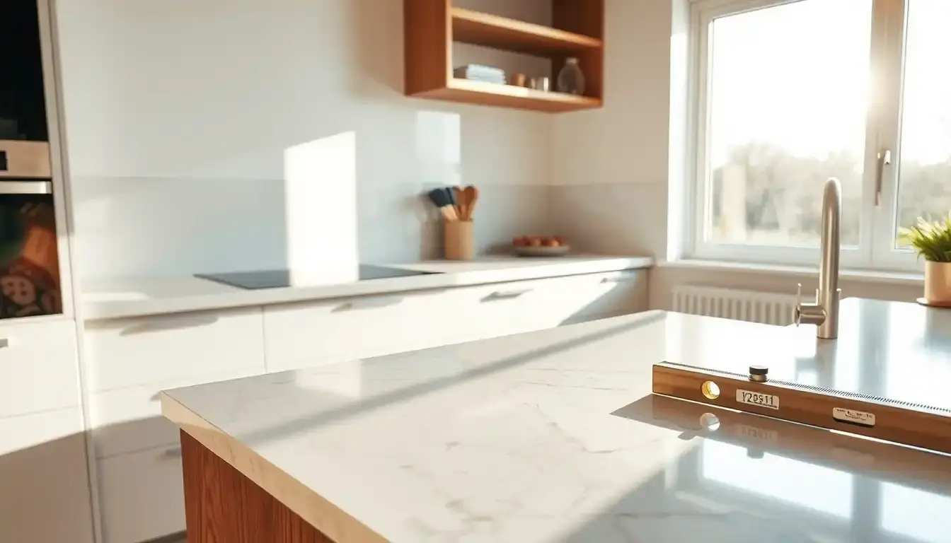 Installation d'un meuble plan de travail cuisine moderne avec outils professionnels