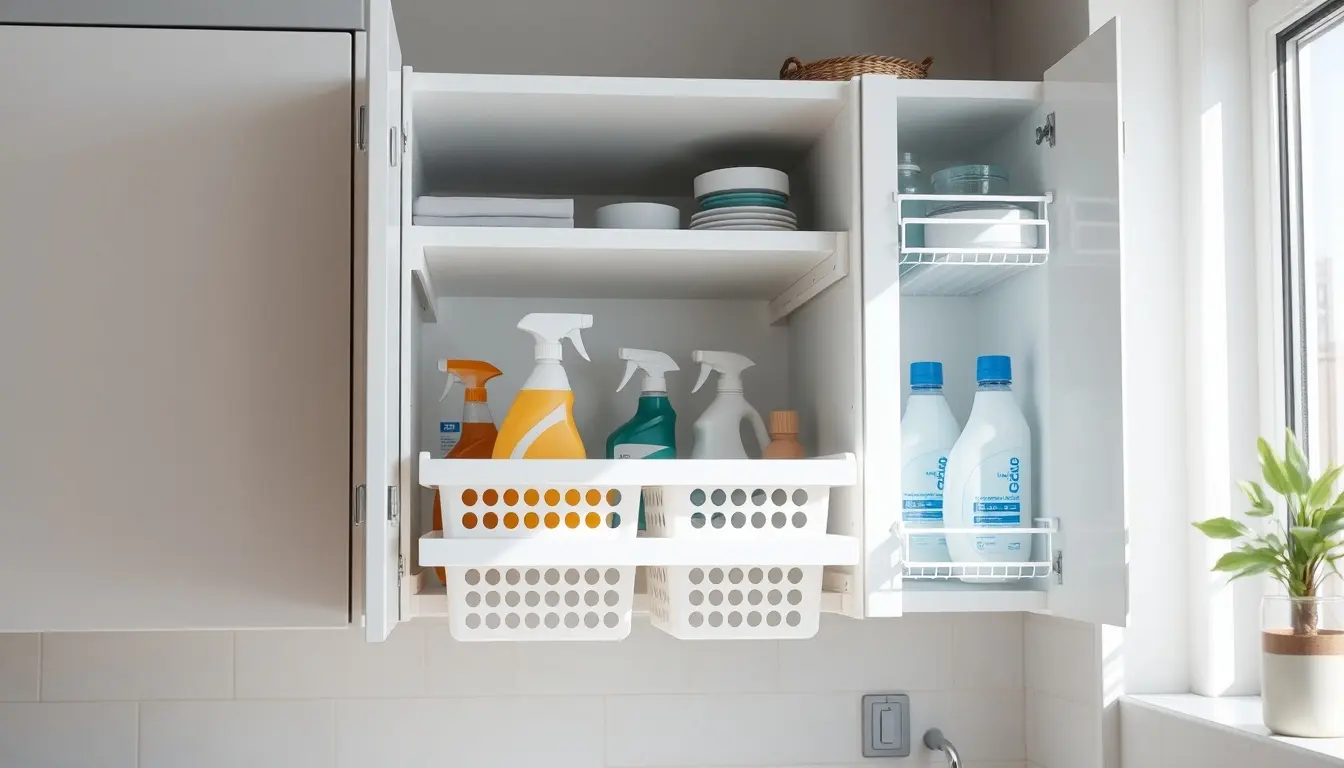 Meuble pour évier cuisine organisé avec étagères blanches et accessoires de rangement