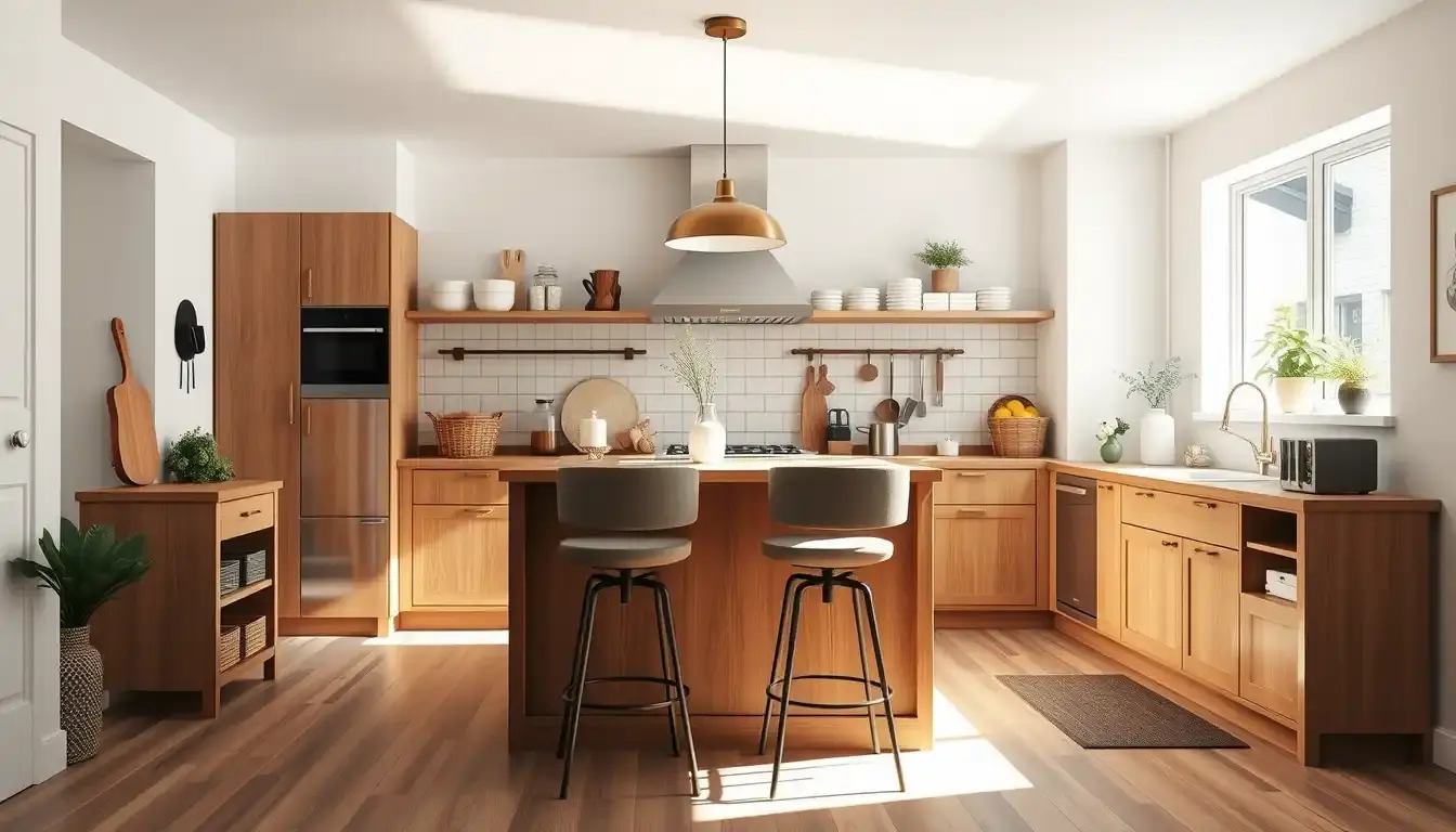 Petit îlot central cuisine moderne en bois avec tabourets et suspension lumineuse élégante