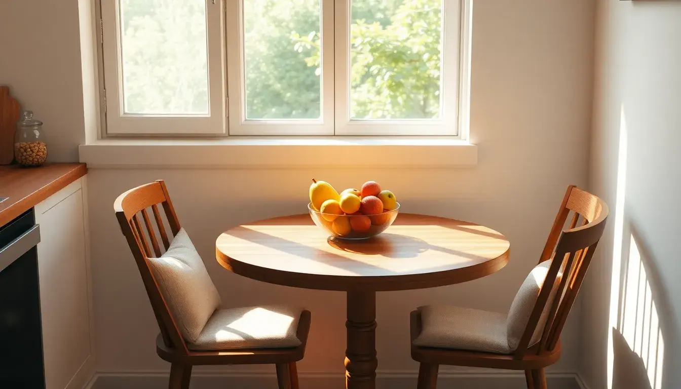 Coin repas avec une petite table de cuisine en bois clair et lumière naturelle