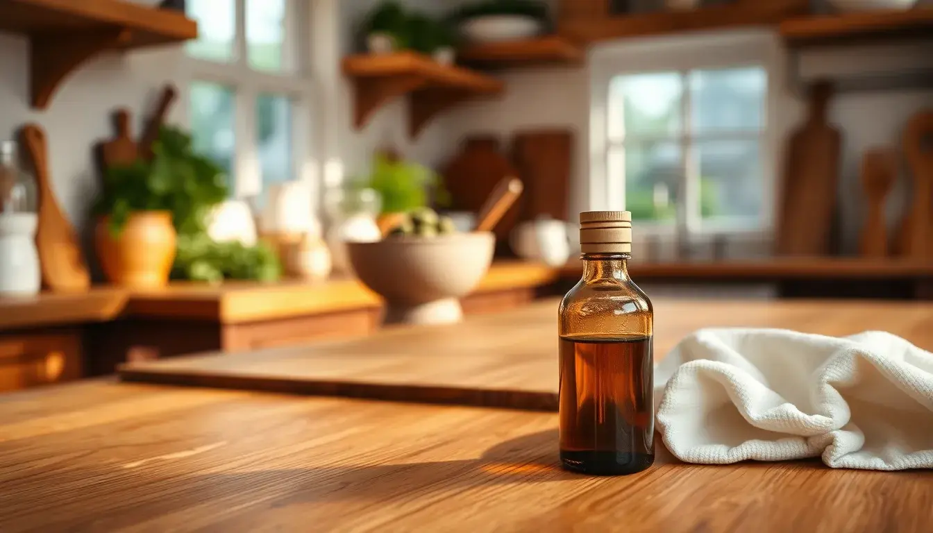 Plan de travail cuisine bois massif avec accessoires d'entretien naturels