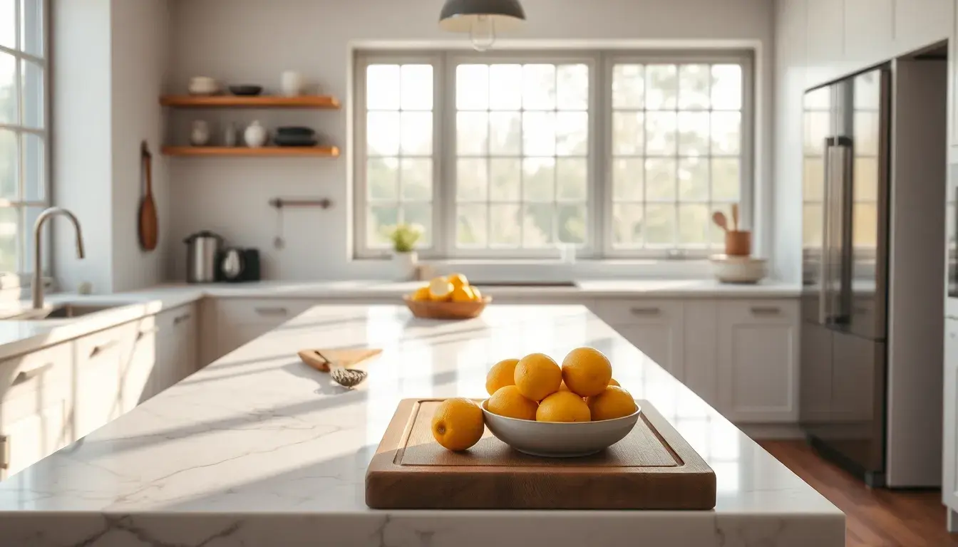 Plan de travail pour cuisine en marbre blanc avec accessoires de cuisine modernes au soleil