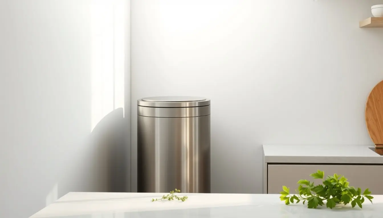 Poubelles de cuisine modernes en acier inoxydable dans une cuisine lumineuse avec plan de travail en marbre