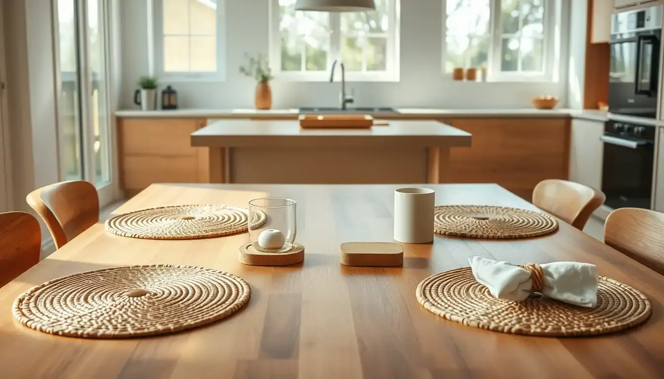 Table de cuisine en bois décorée avec des sets de table tressés et des accessoires élégants