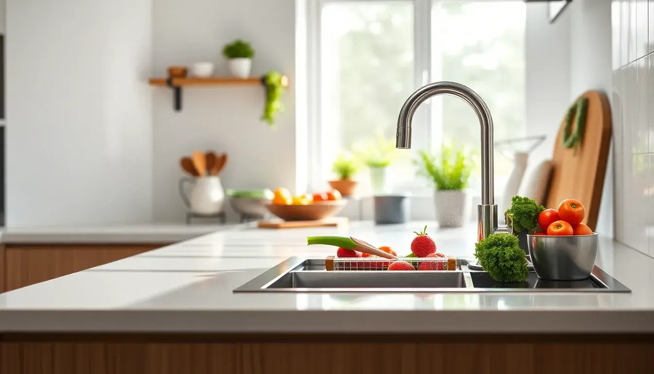 Robinet cuisine douchette moderne rinçant des légumes frais dans un évier propre