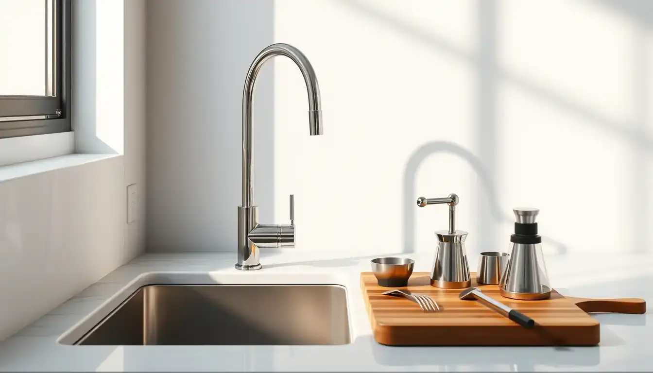 Robinetterie cuisine moderne et outils de plomberie sur un plan de travail en marbre