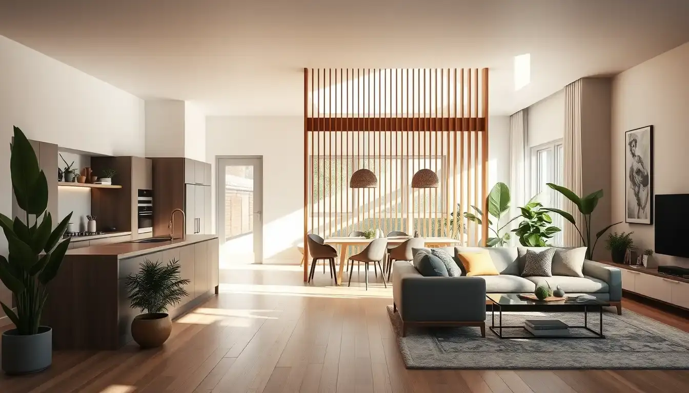 Salon cuisine ouverte moderne avec séparateur de pièce en bois et plantes vertes