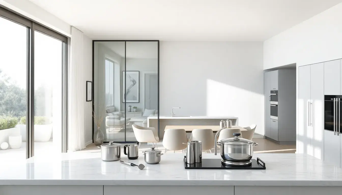 Aménagement moderne avec séparation cuisine salon élégante et lumineuse