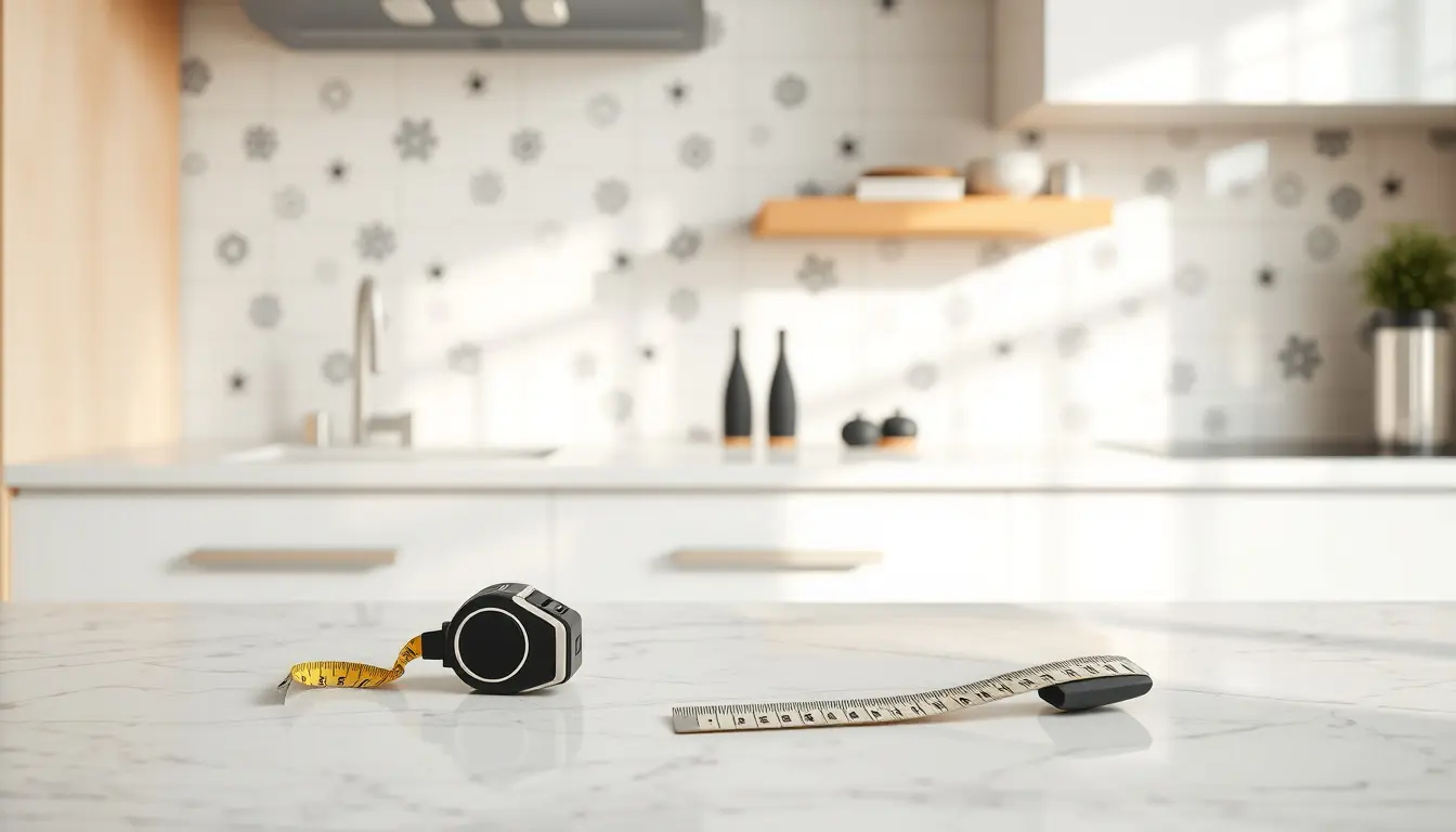 Stickers cuisine décoratifs posés sur un mur blanc avec outils de précision
