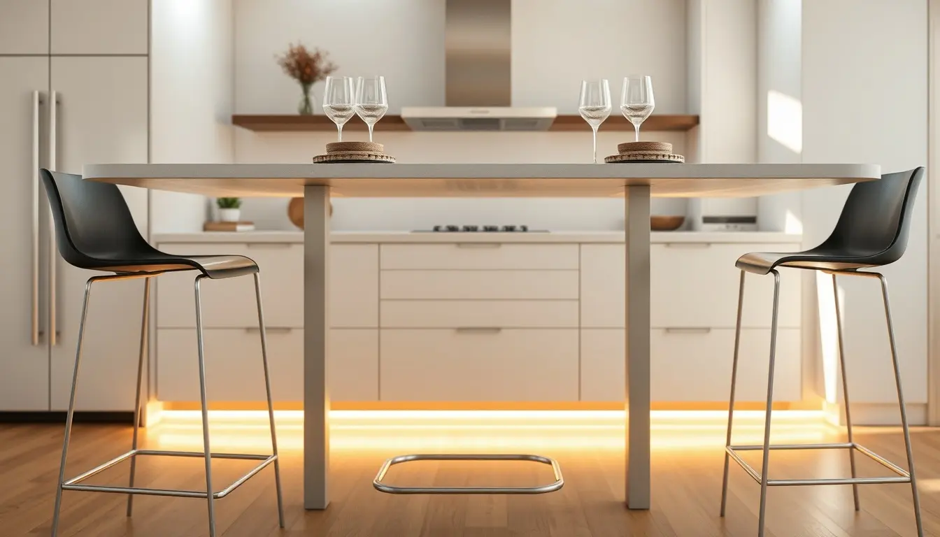 Table cuisine haute moderne avec tabourets en métal et éclairage d'ambiance LED
