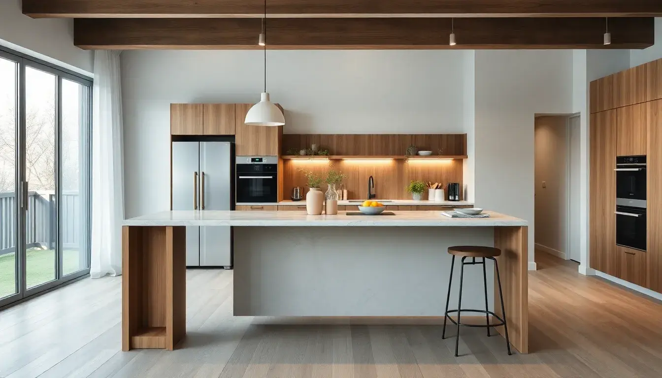 Tabouret de cuisine moderne élégant devant un îlot central en marbre ensoleillé