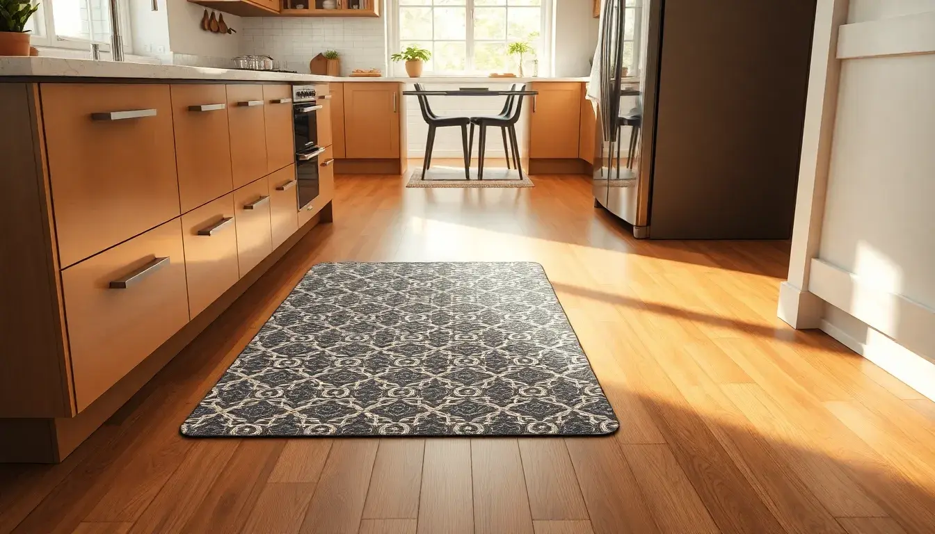 Tapis vinyle cuisine moderne aux motifs élégants sur un sol de cuisine ensoleillé.