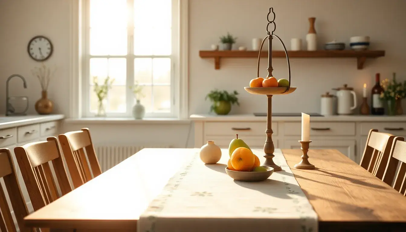 Table de cuisine en bois décorée avec un chemin de table en lin et des accessoires modernes