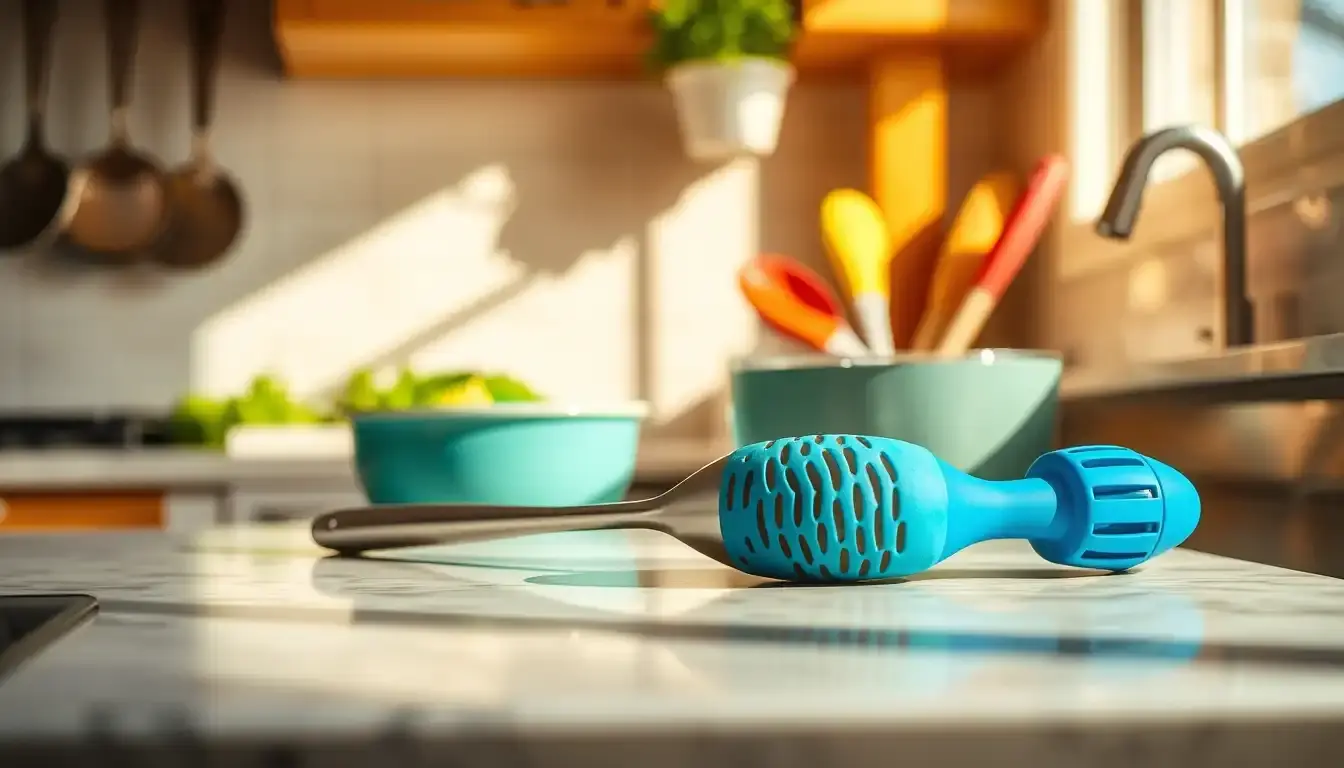 Ustensiles cuisine essentiels disposés sur un plan de travail en marbre ensoleillé