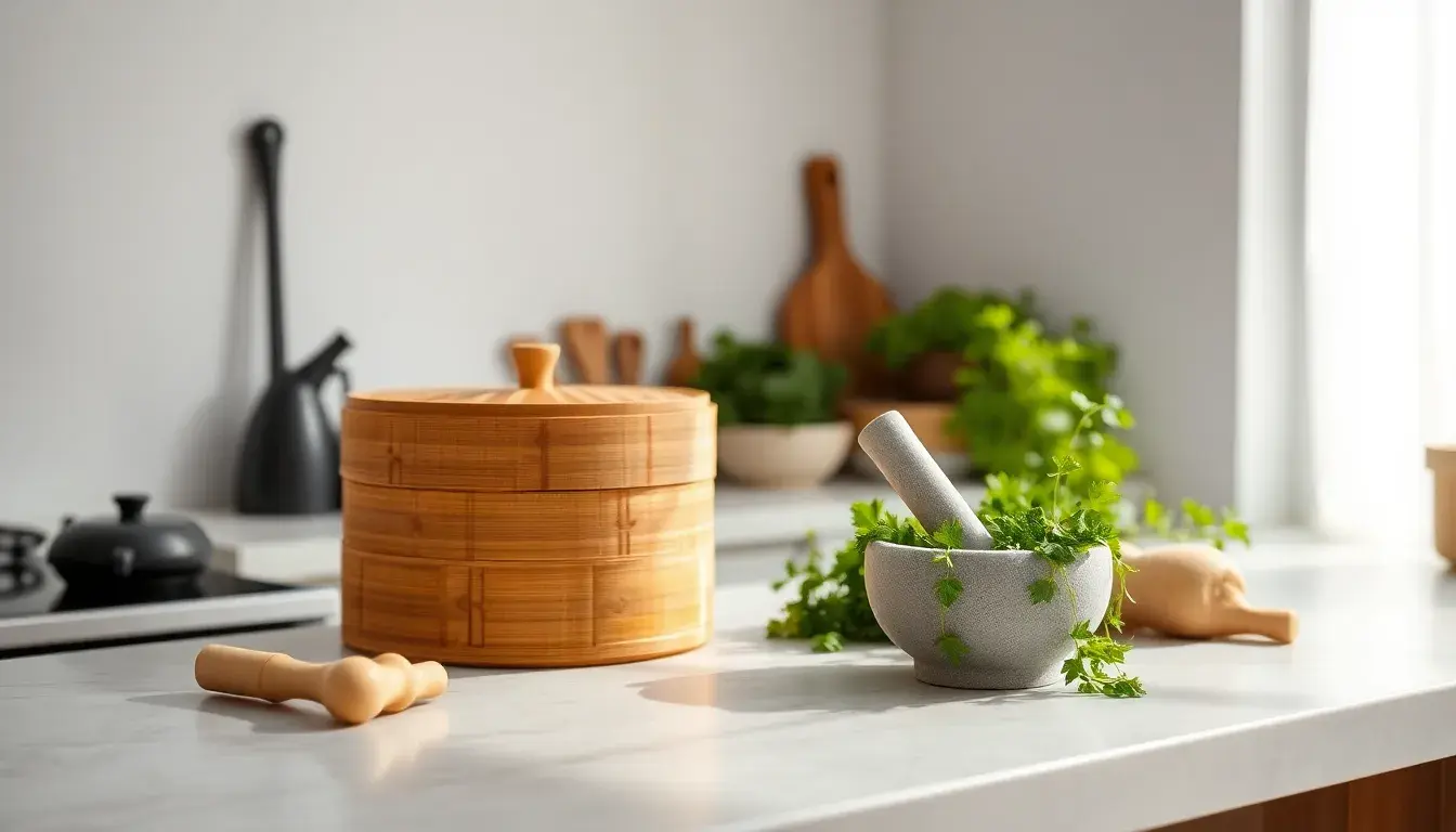 Outils de cuisine vietnamienne authentiques sur un plan de travail en marbre ensoleillé