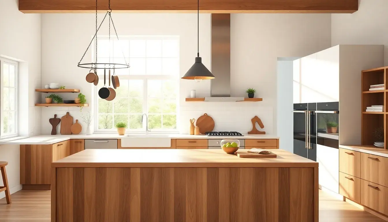 Îlot central cuisine moderne avec accessoires en bois et éclairage suspendu design