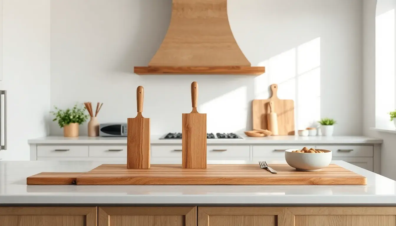 Ensemble 3 pièces cuisine comprenant couteaux de chef sur planche bois