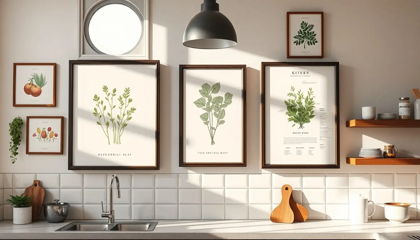Mur de cuisine moderne décoré d'affiches thématiques sur la nourriture et les herbes