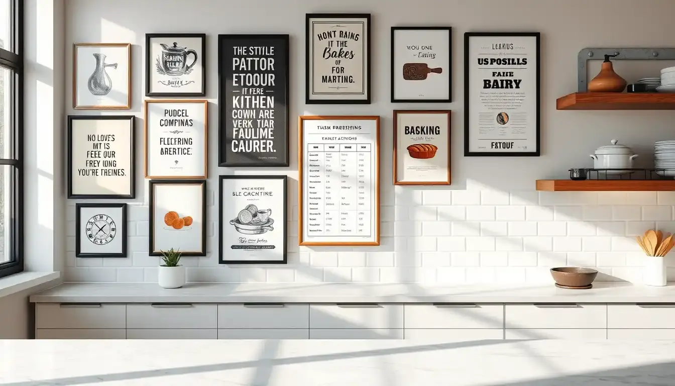 Mur de cuisine décoré avec plusieurs cadres d'affiche pour la cuisine style vintage et moderne