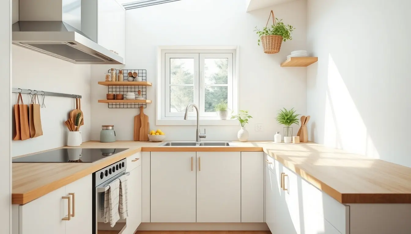 Aménagement petite cuisine moderne avec rangements verticaux et lumière naturelle