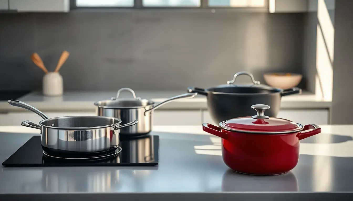 Batterie cuisine induction élégante sur un plan de travail en marbre ensoleillé