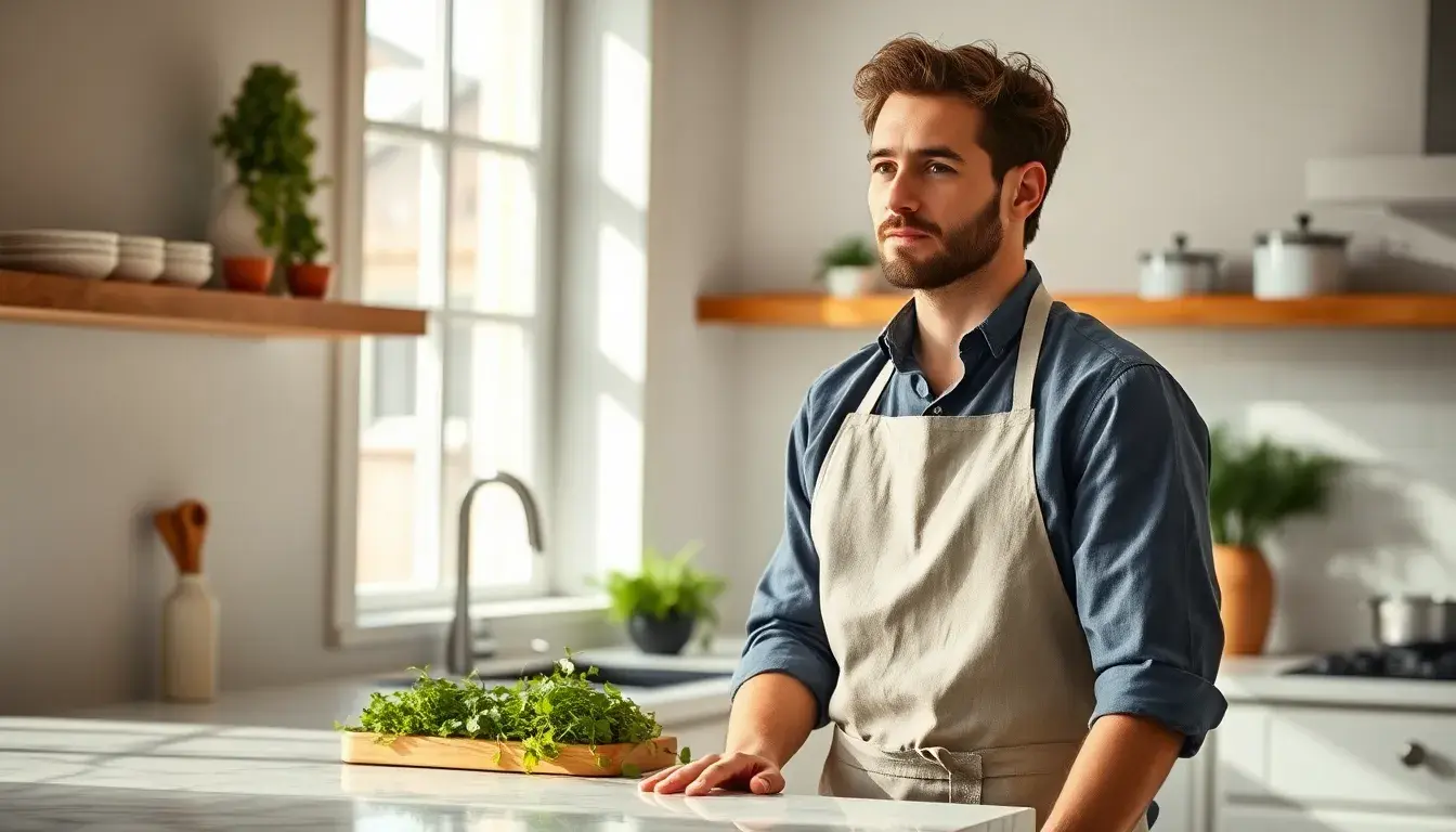 Un cuisinier passionné portant un tablier de cuisine élégant dans une cuisine lumineuse
