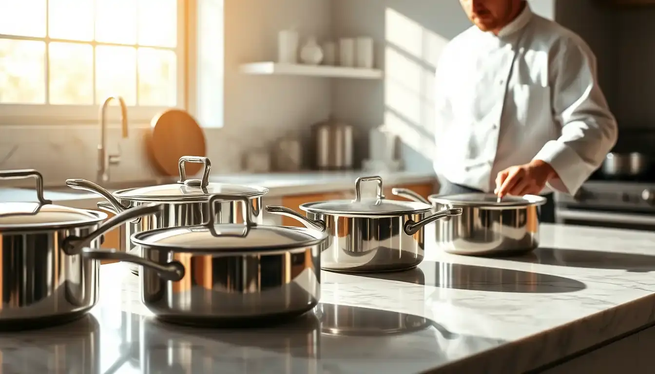 Batterie de cuisine en inox brillant sur un plan de travail en marbre ensoleillé.