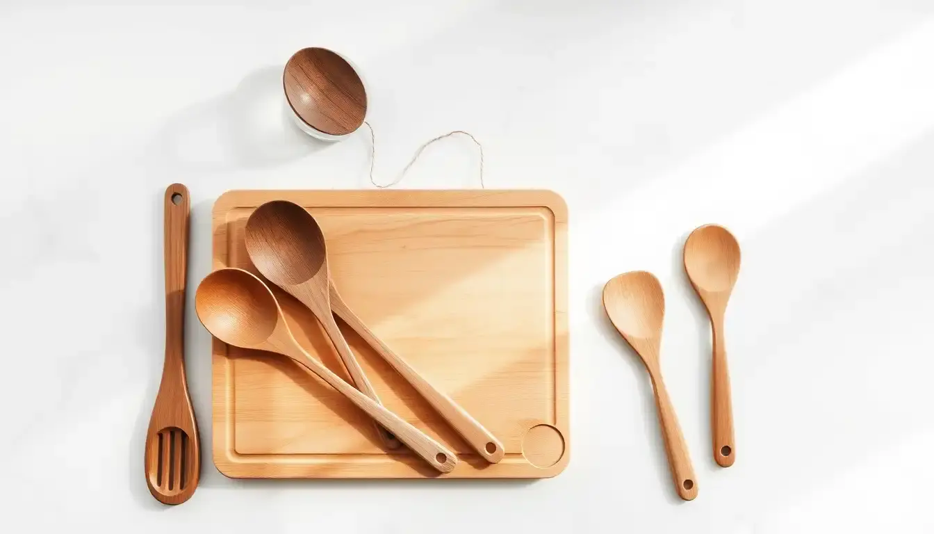 Collection d'ustensiles en bois cuisine naturels disposés sur un plan de travail en marbre blanc