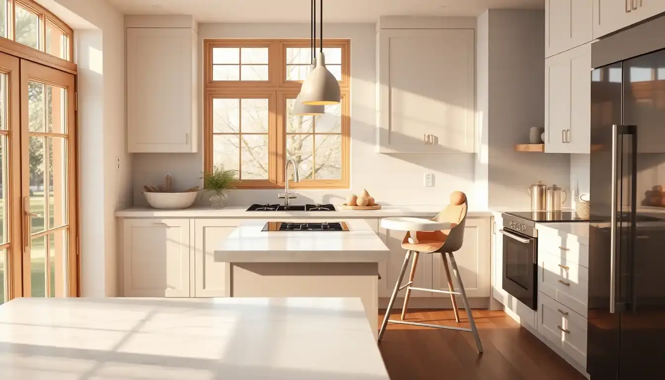 Chaise haute pour cuisine moderne installée près d'un îlot central ensoleillé
